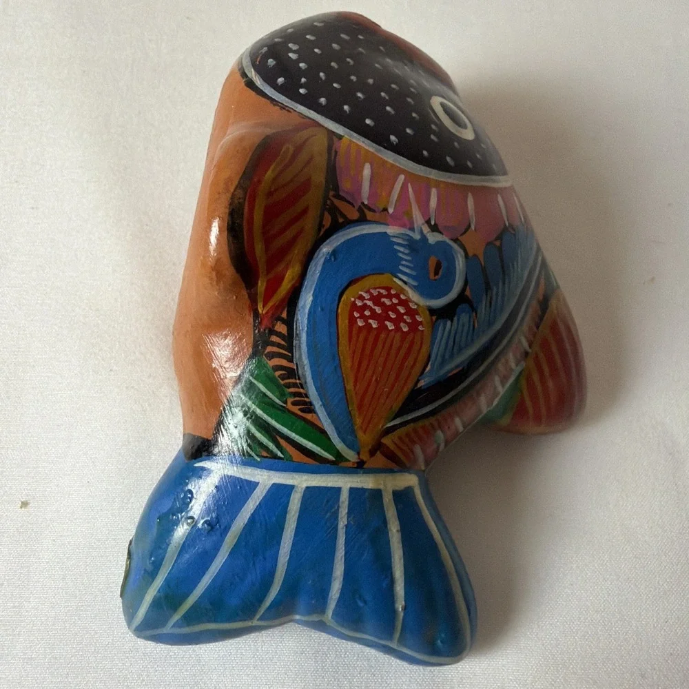Vintage Folk Art Mexican Hand Painted Goldfish Pottery Fish.Length 4.5